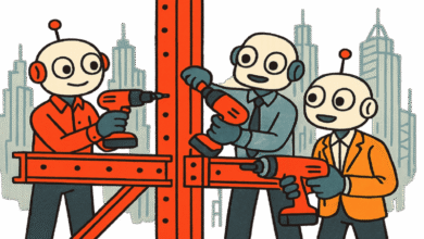 Three robot construction workers building a structure with power drills.