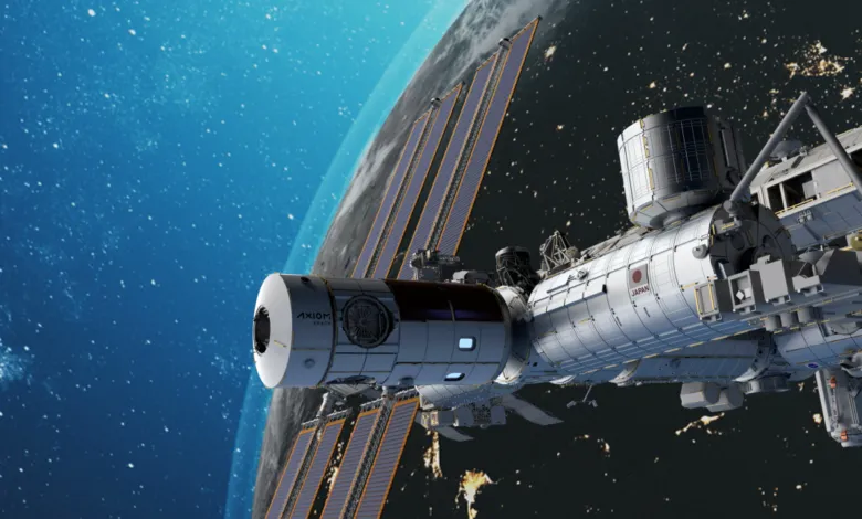 Space station module with solar panels orbiting Earth, city lights visible.