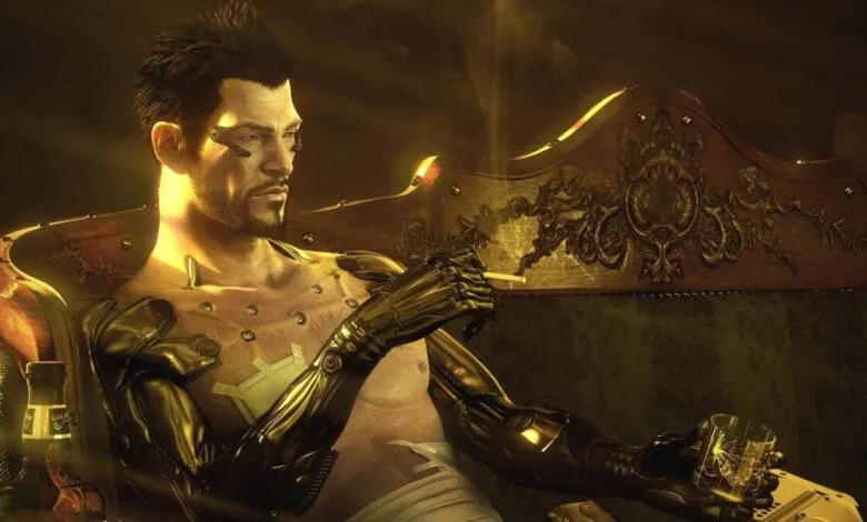 Adam Jensen, from Deus Ex, relaxes with a drink and cigarette.