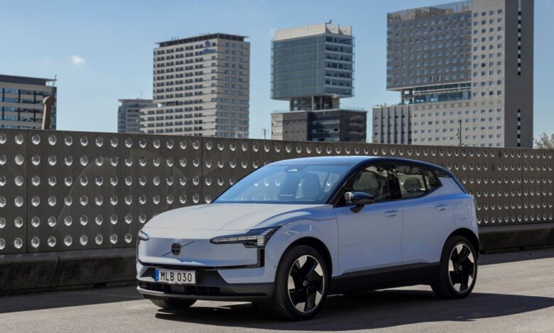 Cloud Blue Volvo EX30 electric SUV parked against a modern urban backdrop.