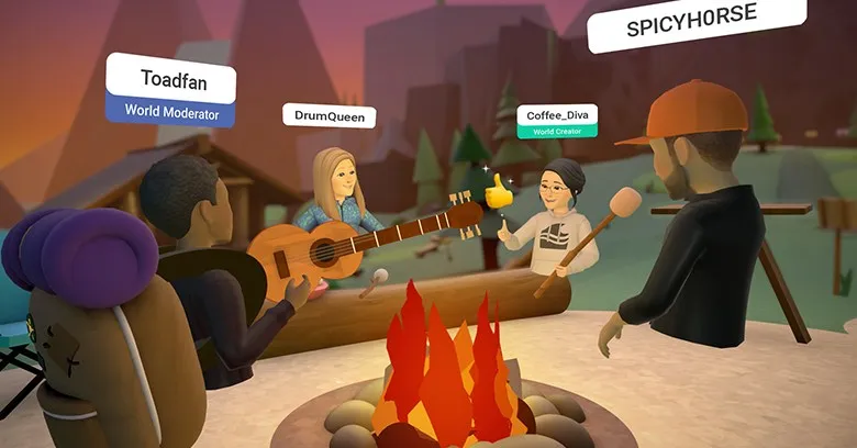 Virtual avatars gather around a campfire in a stylized outdoor setting.