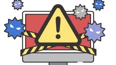 Cartoon computer screen with warning sign and virus icons indicating a malware infection.