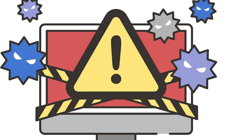 Cartoon computer screen with warning sign and virus icons indicating a malware infection.