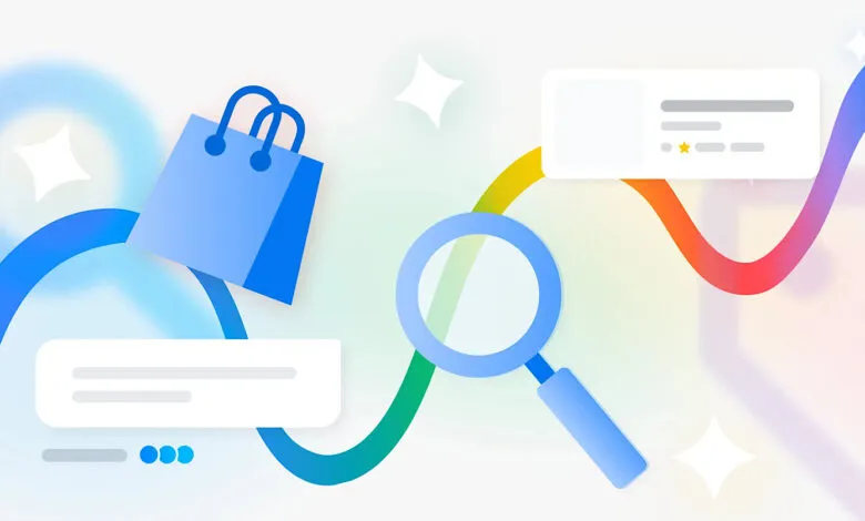 Abstract illustration of online shopping with bag, search, and product review.