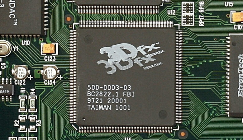 Close-up of a 3dfx Interactive graphics processing unit (GPU) on a circuit board.