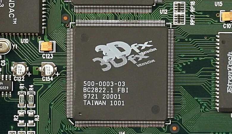 Close-up of a 3dfx Interactive graphics processing unit (GPU) on a circuit board.