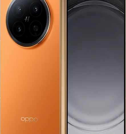 Orange foldable smartphone with large camera module and sleek design.