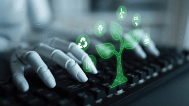 Robot hand typing on keyboard with green sustainability icons.