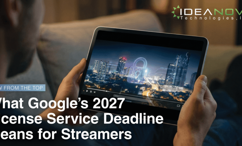 Person holding a tablet displaying a video about Google's 2027 license service deadline.