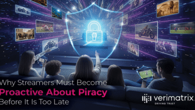 Family watching streaming content with piracy protection, Verimatrix logo.