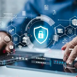 Digital tablet displaying cybersecurity shield with various tech icons.