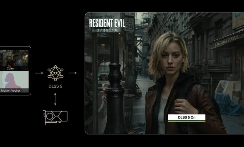 Resident Evil Requiem scene with DLSS 5 graphics enhancement shown.