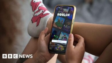 Phone displaying Roblox app held by person wearing patterned socks.