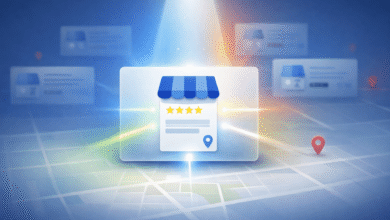 Google Business Profile icon with four stars on a map background.