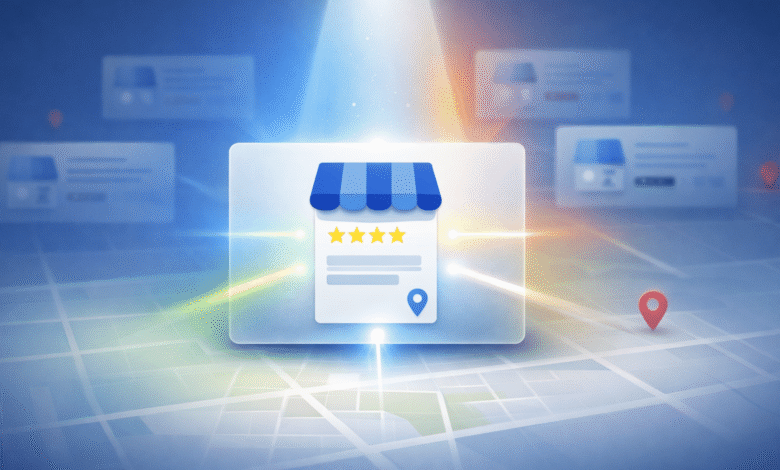 Google Business Profile icon with four stars on a map background.