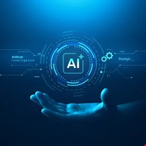 Hand holding a glowing AI symbol with digital interface elements around it.