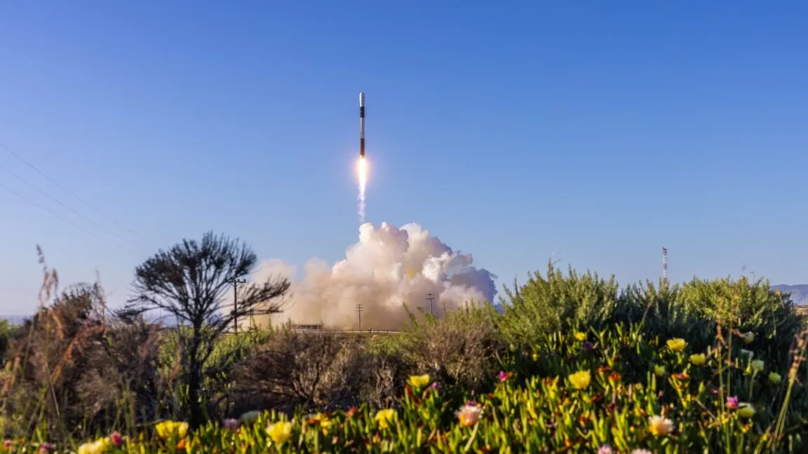 Rocket ascends into blue sky with exhaust plume, seen from field of flowers.