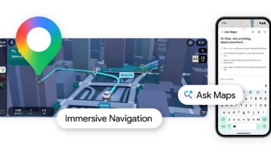 Google Maps interface showing immersive navigation and 'Ask Maps' feature.