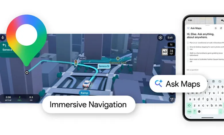 Google Maps interface showing immersive navigation and 'Ask Maps' feature.
