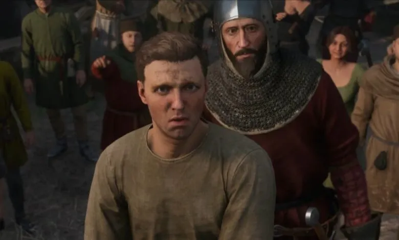 Man in medieval garb looks concerned, guarded by knight in chainmail.