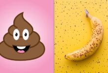 Split image: smiling poop emoji on pink, ripe banana on yellow.