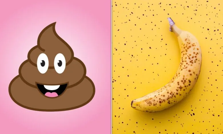 Split image: smiling poop emoji on pink, ripe banana on yellow.