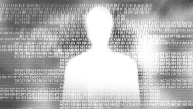 Silhouette of a person overlaid with rows of numbers in a digital matrix style.