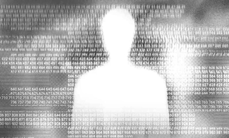 Silhouette of a person overlaid with rows of numbers in a digital matrix style.