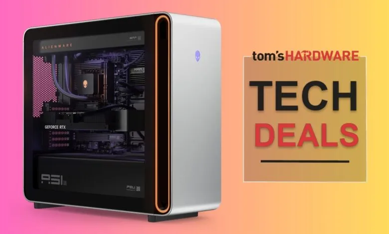 Alienware Aurora R16 gaming PC with Tom's Hardware Tech Deals graphic overlay.
