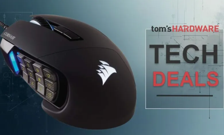 Corsair Scimitar Elite MMO gaming mouse with 12 programmable side buttons.