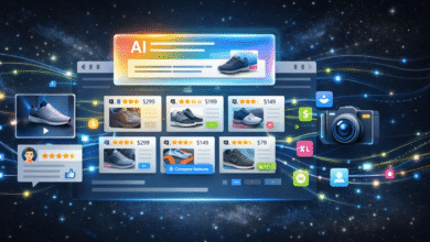 AI-powered e-commerce platform showcasing various athletic shoes with prices and ratings.