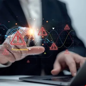 Person interacts with a digital interface displaying system warnings and alerts.