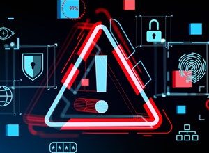 Digital warning sign with exclamation point, surrounded by security icons.