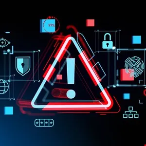Digital warning sign with exclamation point, surrounded by security icons.