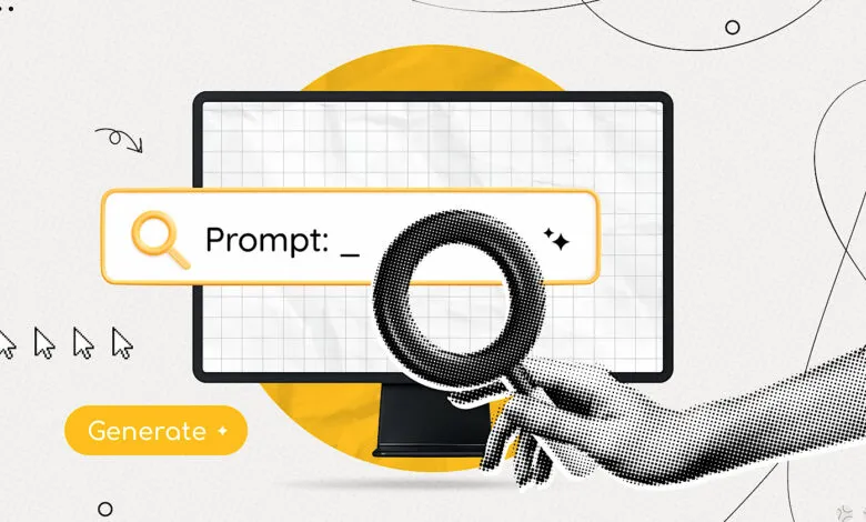 AI prompt search on computer screen with magnifying glass and 'Generate' button.