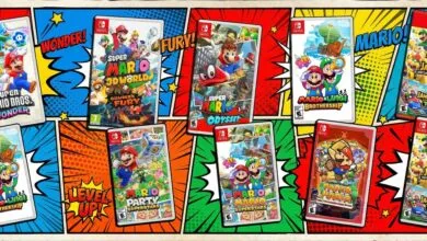 Nintendo Switch Mario game covers arranged in a comic book style layout.