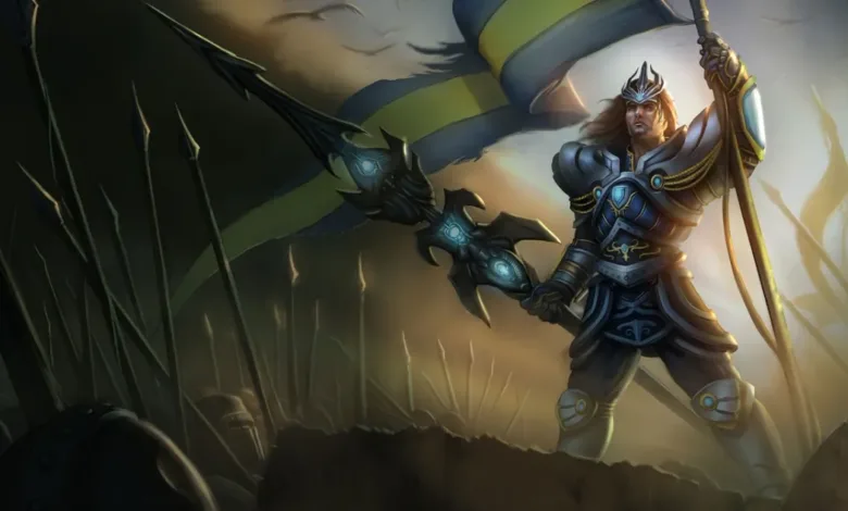 Warrior stands with flag and spear, ready for battle.