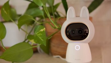 Aqara Camera Hub G3 with bunny ears next to a potted plant.