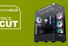 iBUYPOWER gaming PC with RGB fans and TechRadar 'Price Cut' badge.
