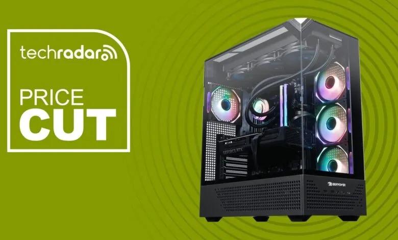 iBUYPOWER gaming PC with RGB fans and TechRadar 'Price Cut' badge.