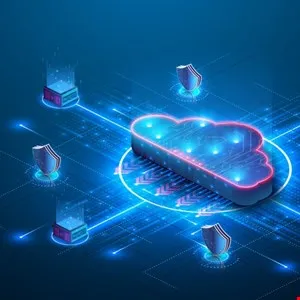 Isometric illustration of a cloud surrounded by servers and shields on a blue grid background.