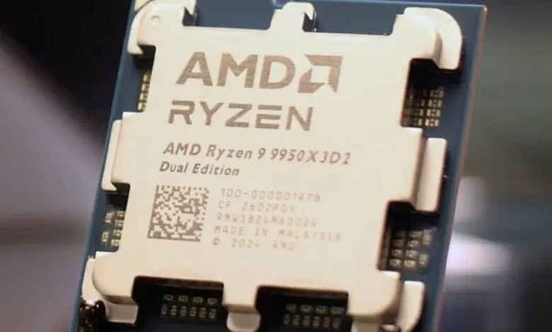 Close-up of an AMD Ryzen 9 9950X3D2 Dual Edition processor.