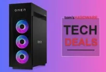 Black OMEN gaming PC with three RGB fans next to a 'Tech Deals' graphic.