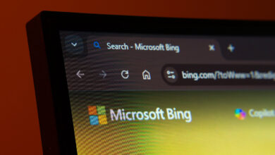 Close-up of a computer screen displaying the Microsoft Bing search engine.