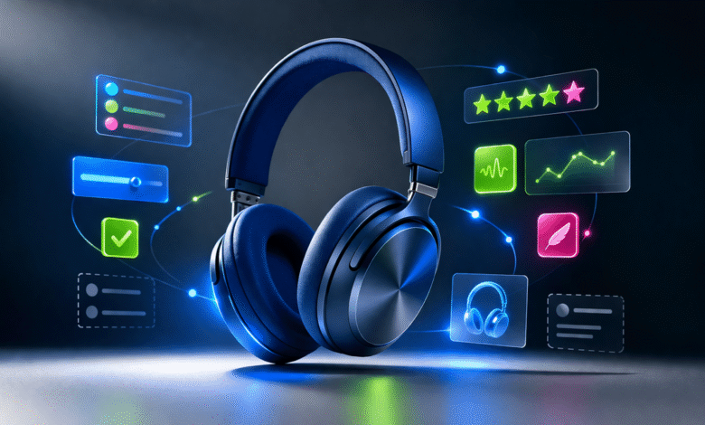 Blue headphones surrounded by floating icons representing features and settings.