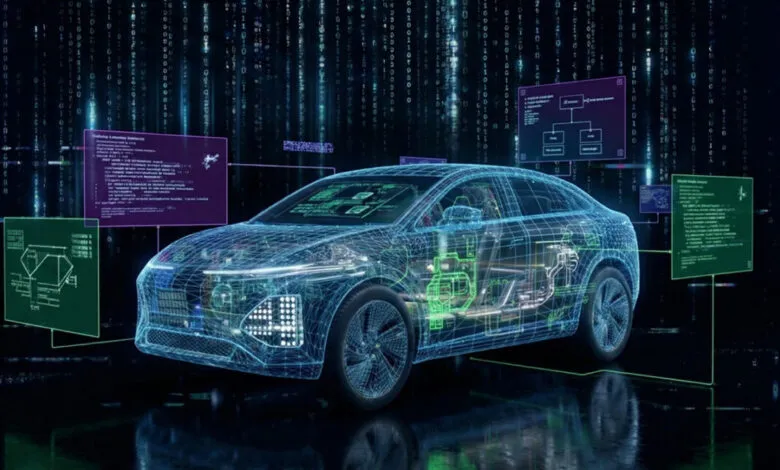 Wireframe car with floating code windows against a digital matrix background.