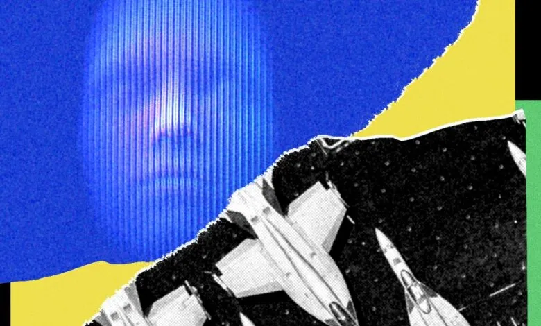 Abstract collage featuring a blue face, fighter jets, and torn paper.