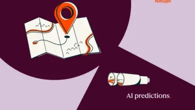 Illustration of a map with a location pin and binoculars, representing AI predictions.