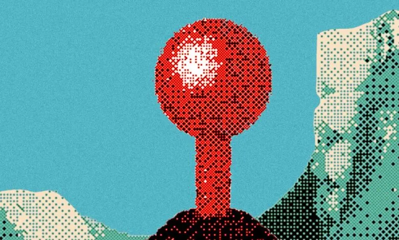 Abstract landscape with a red lollipop-shaped object and pixelated mountains.