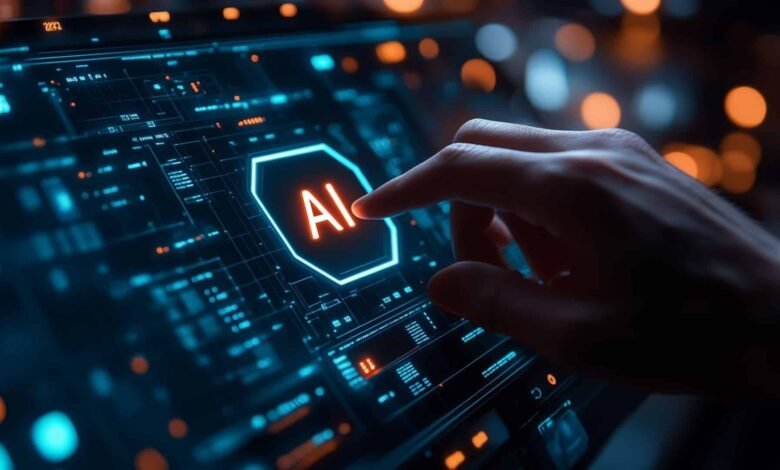 Finger touches glowing 'AI' icon on futuristic digital interface.